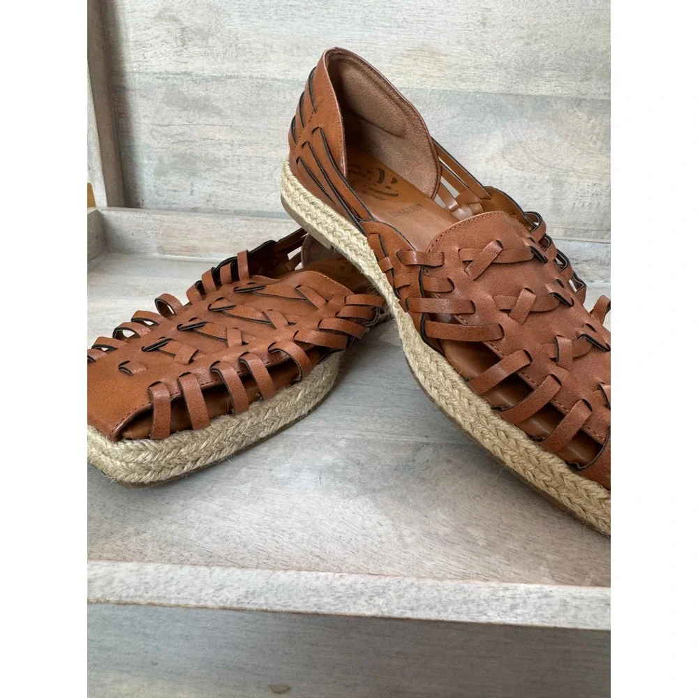Sam & Libby Cognac Brown Woven Huarache Espadrille Flats Square Toe women's 9